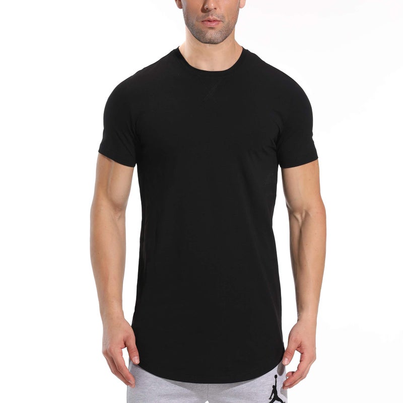 LETAOTAO Mens Longline Gym Muscle Bodybuilding Tshirts Hipster Reflective Line Scallop Crewneck Tees Shirts Tops - Image 1